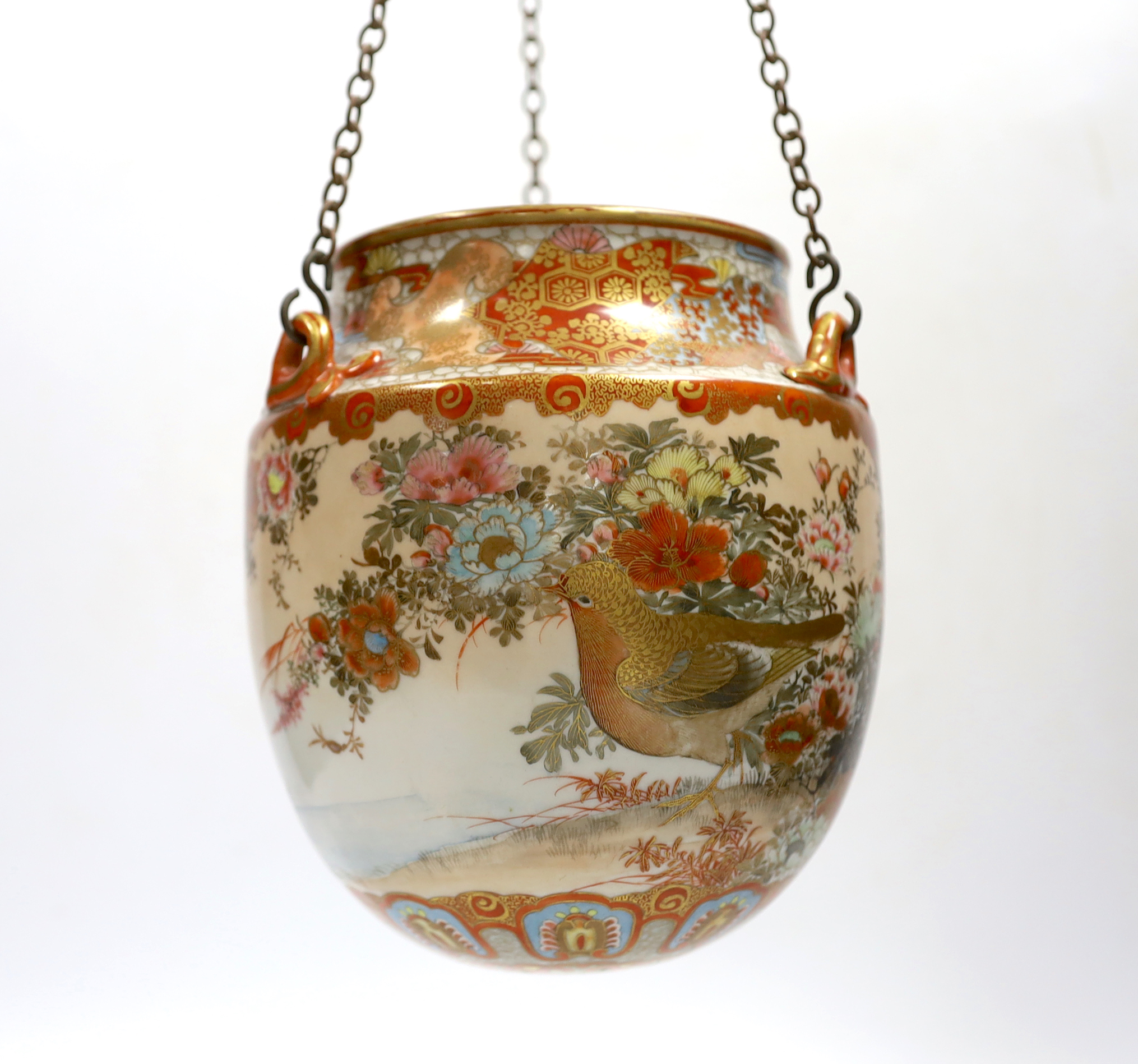 A Japanese Kutani hanging pot decorated with birds and flowers, Meiji period, 49cm high